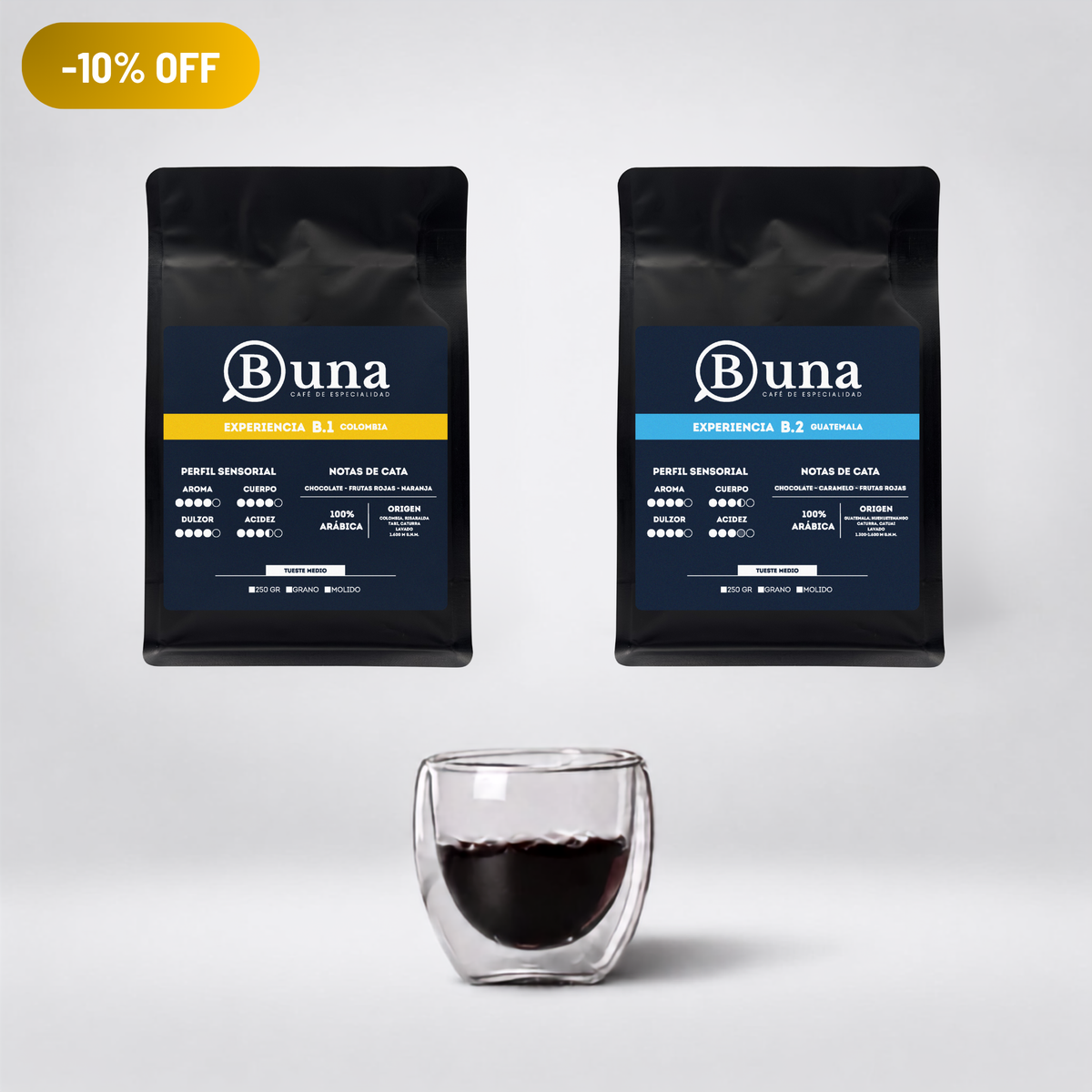 Pack Colombia 250 gr + Guatemala 250 gr + 1 Taza Espresso